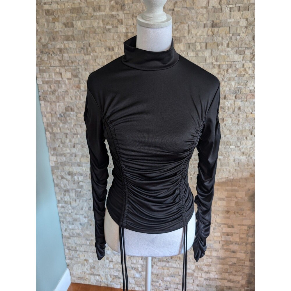 Black Ruched Side Mockneck Long Sleeve Top Scrunch Front High Neck Shirt